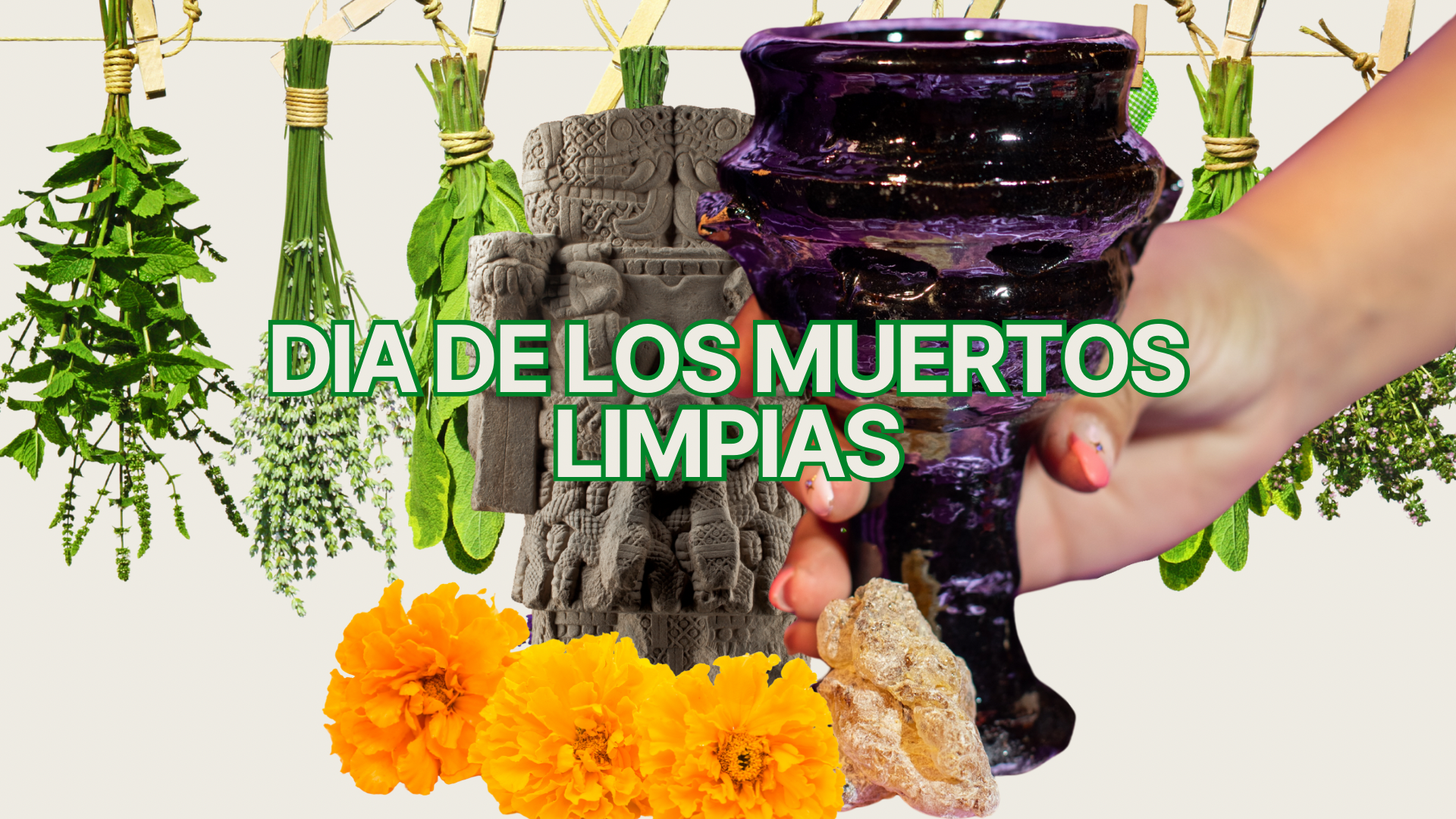 Decorative items with 'Dia de los Muertos Limpias' text, including a hand holding a purple object, flowers, and greenery.