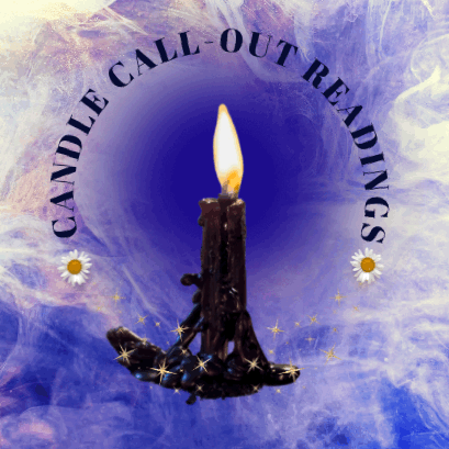 Black candle with a yellow flame with a swirling purple background and two chamomile flowers and black text that reads ‘candle call out readings’
