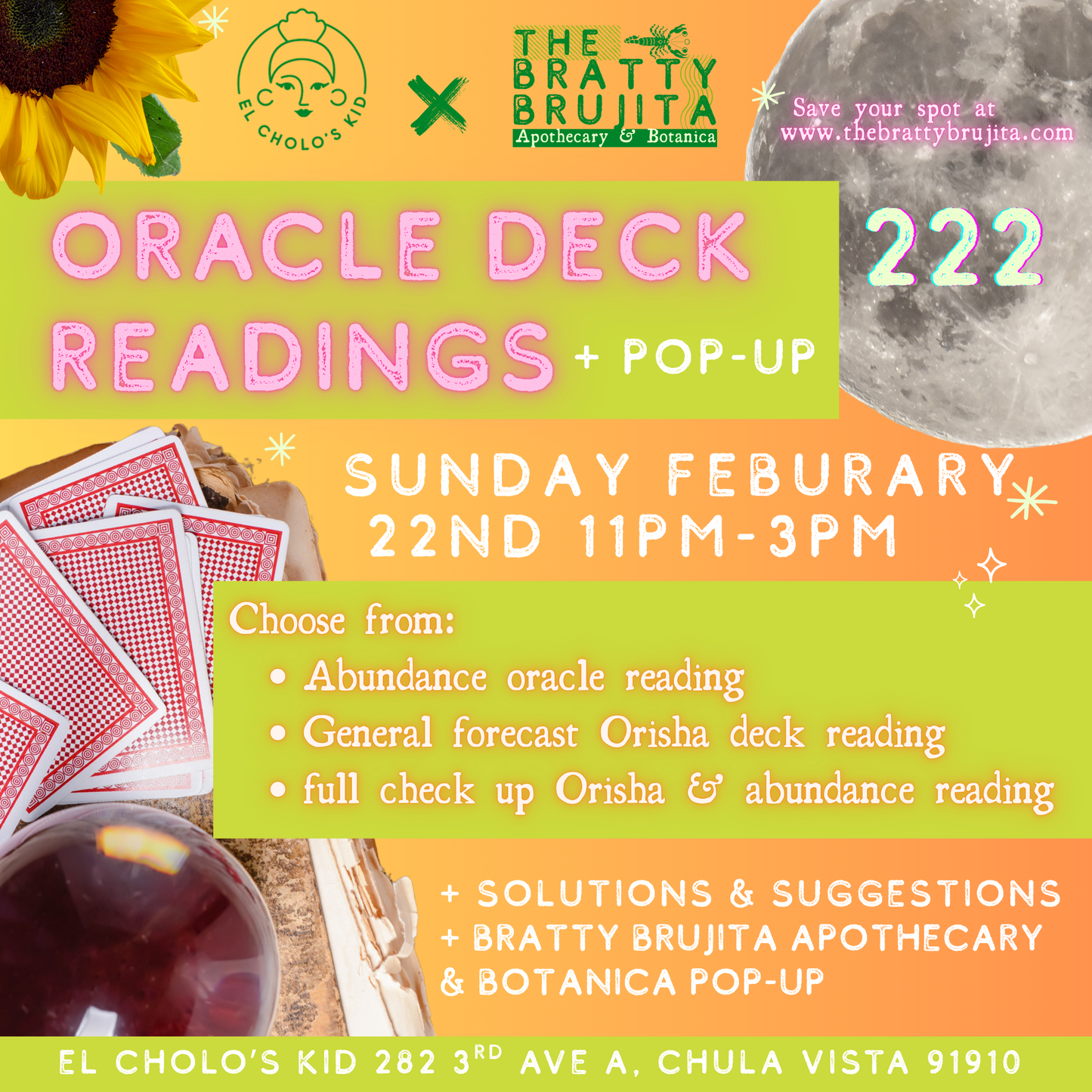 222 Oracle Deck Readings at El Cholo’s Kid 02/22/26 — Chula Vista, CA