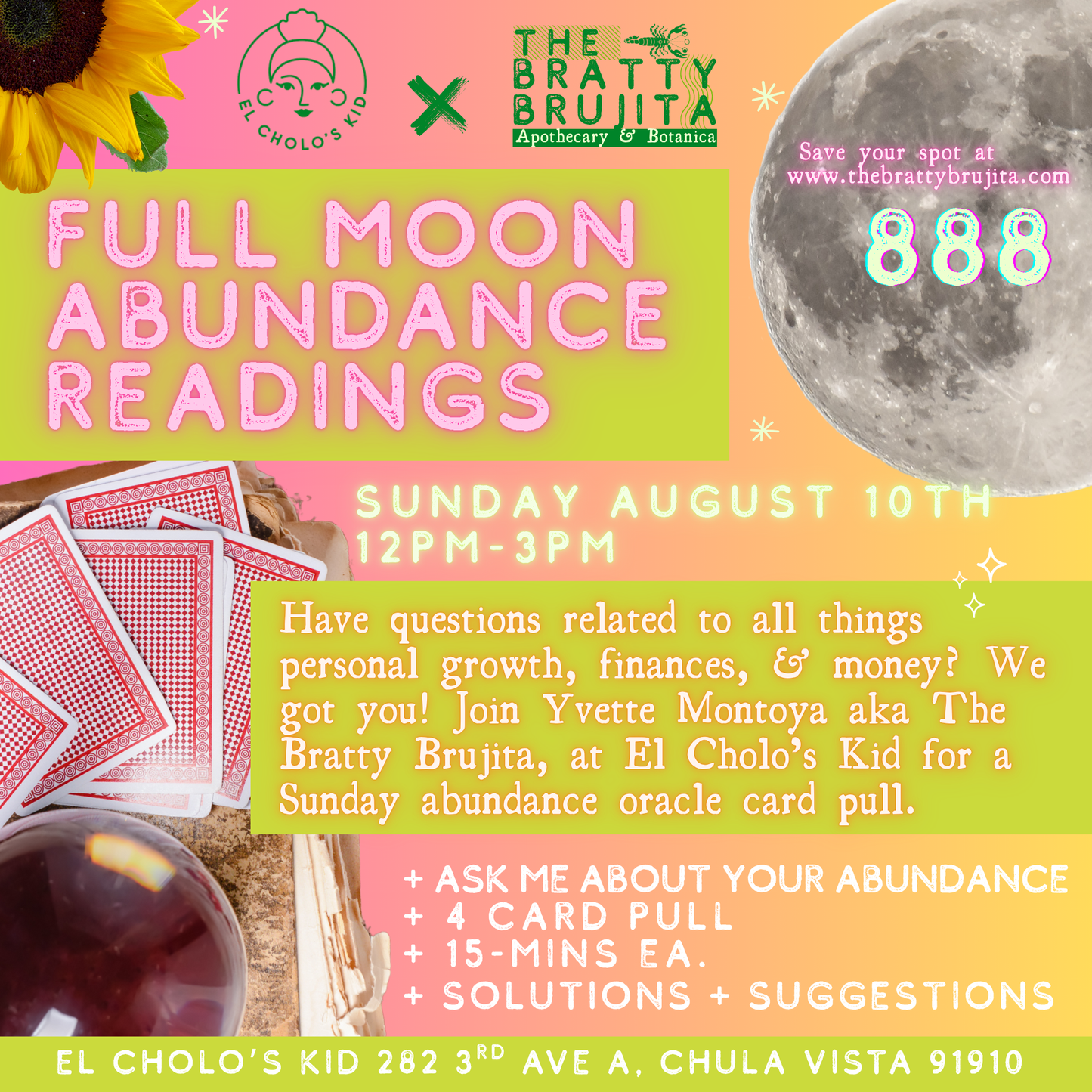 Full Moon Abundance Readings at El Cholo’s Kid 08/10/25 — Chula Vista, CA