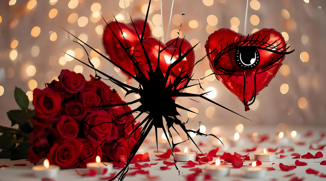 Red roses, balloon hearts, and the floor is covered with tea light candles and red rose petals, there is a crack in the center of the image and an eye crying
