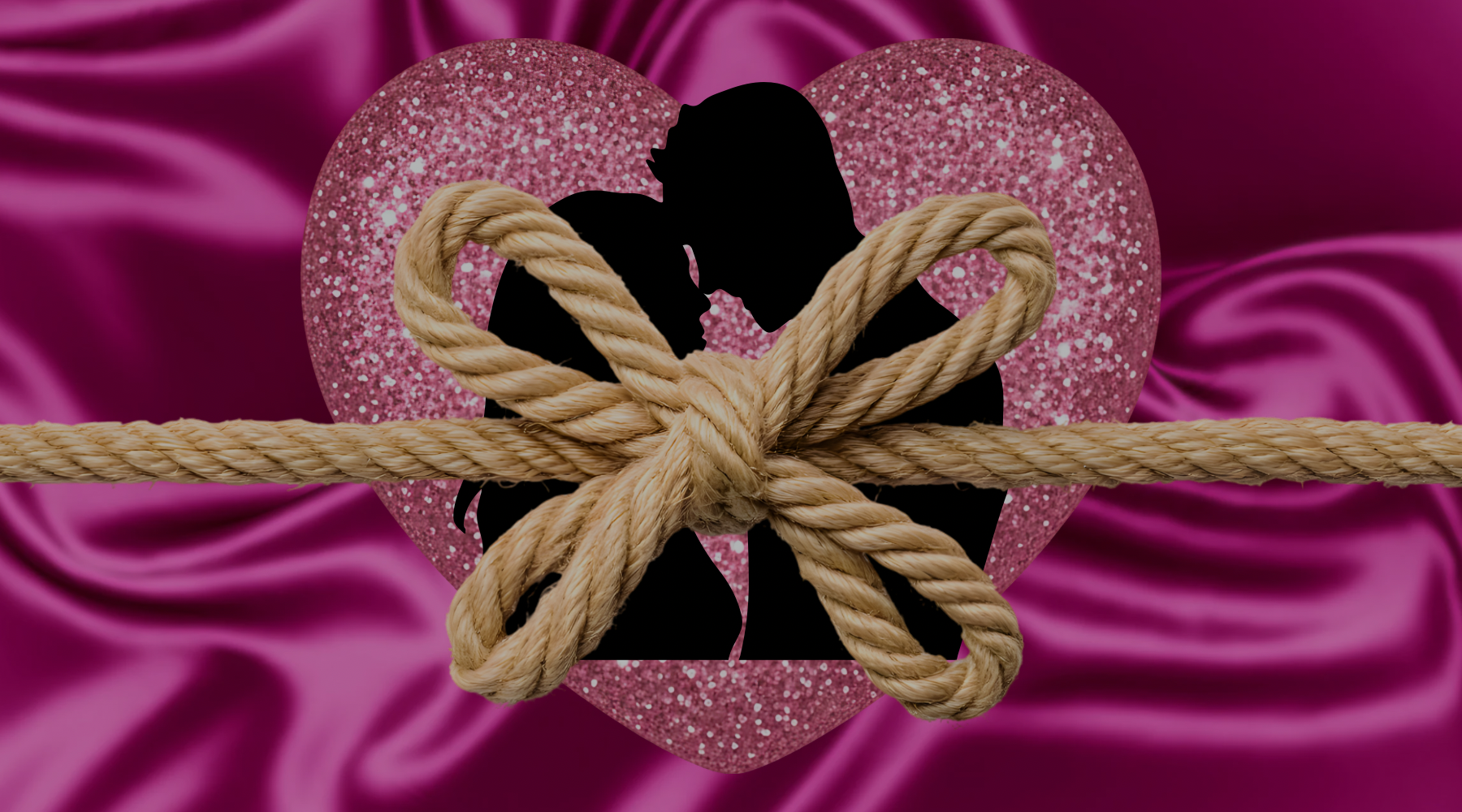 Silhouette of a couple with a heart and rope on a pink fabric background
